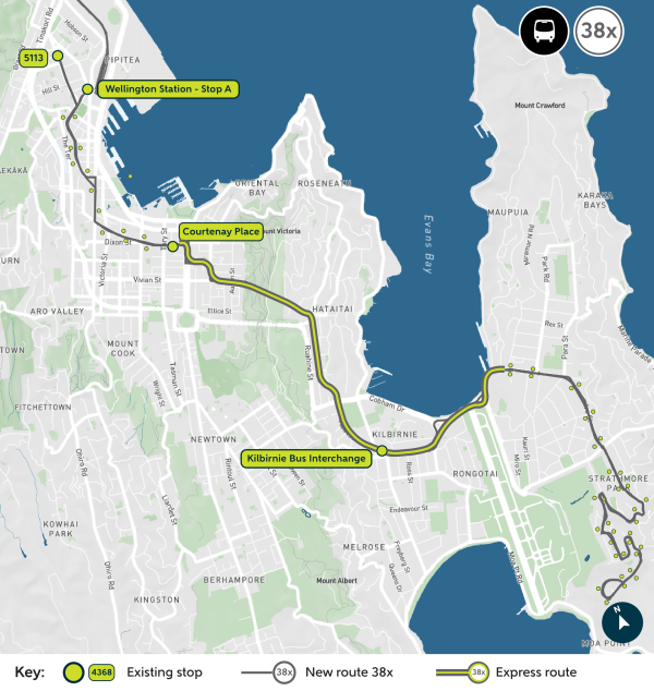 Map showing the 38x route