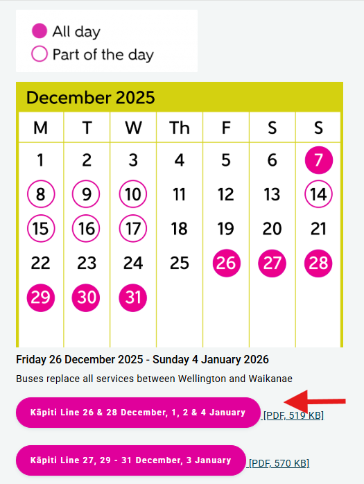 screenshot of BRT calendar