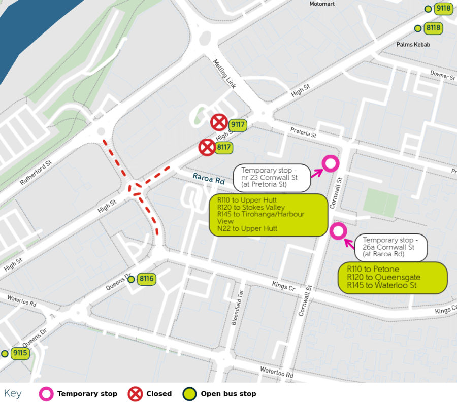 Image shows closed, temporary and open stops