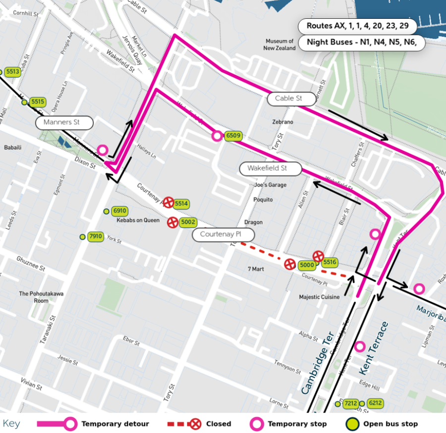 image shows detour, temporary and closed stops