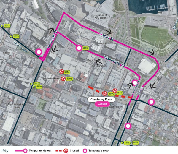 image shows detour and closed stops