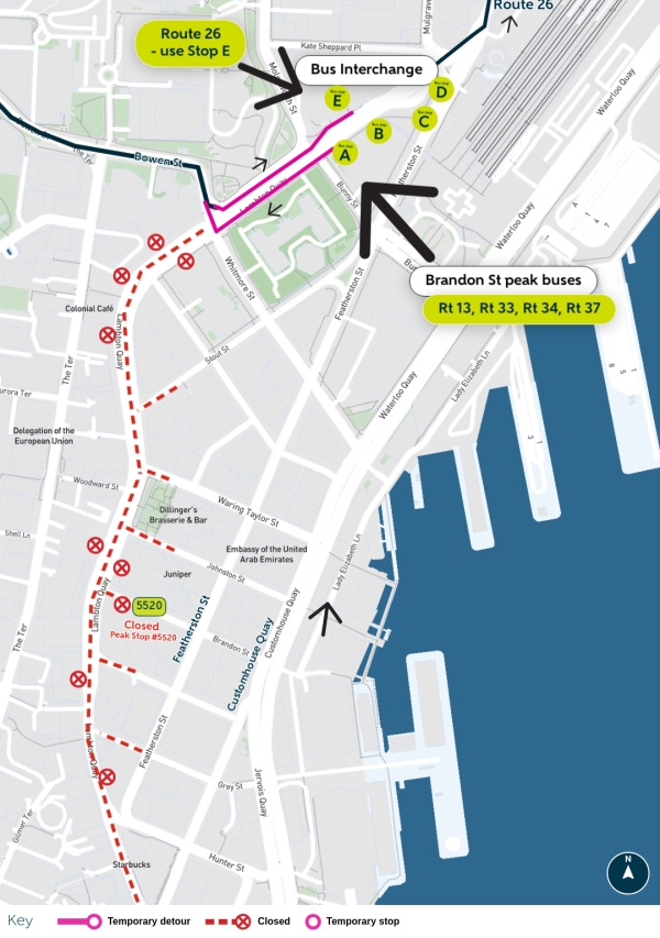 image shows detour, temporary and closed stops