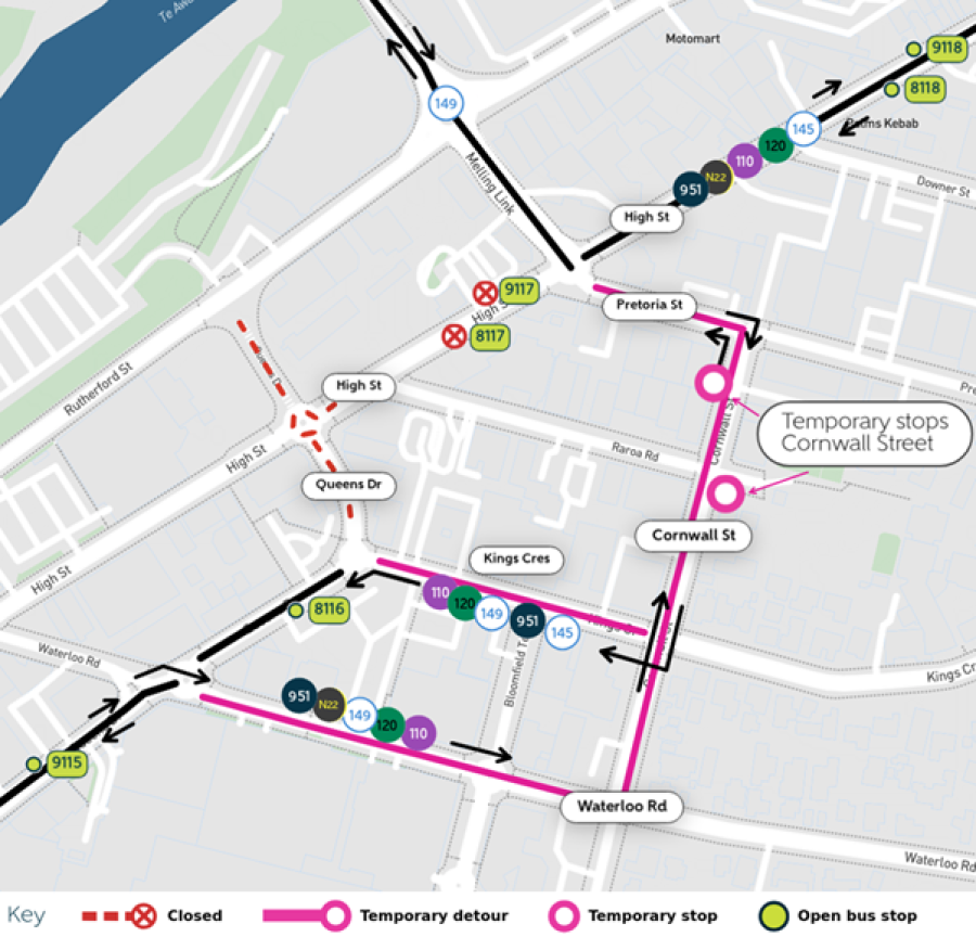 image shows detour and closed stops, temporary stops and open stops