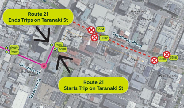 Route 21 detour map. Services start and end on Taranaki Street and do not travel via Courtenay Place