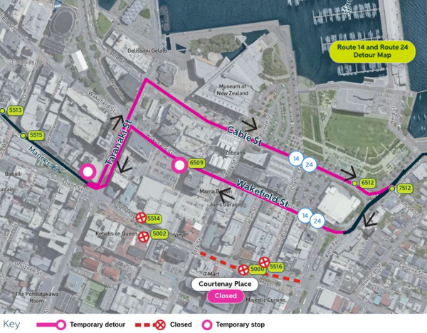 image shows detour and closed stops