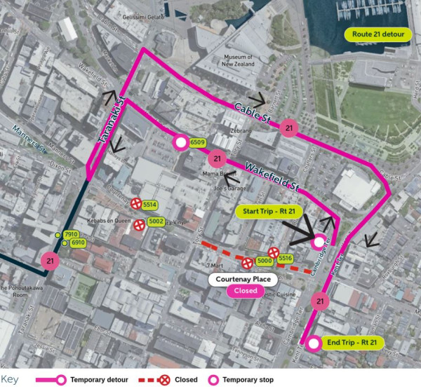 image shows detour and closed stops