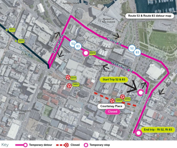 image shows detour and closed stops