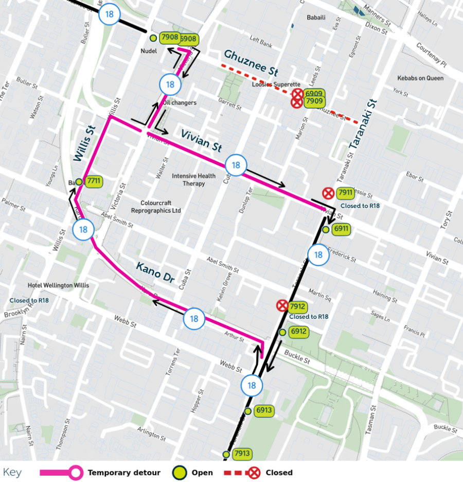image shows detour, closed stops
