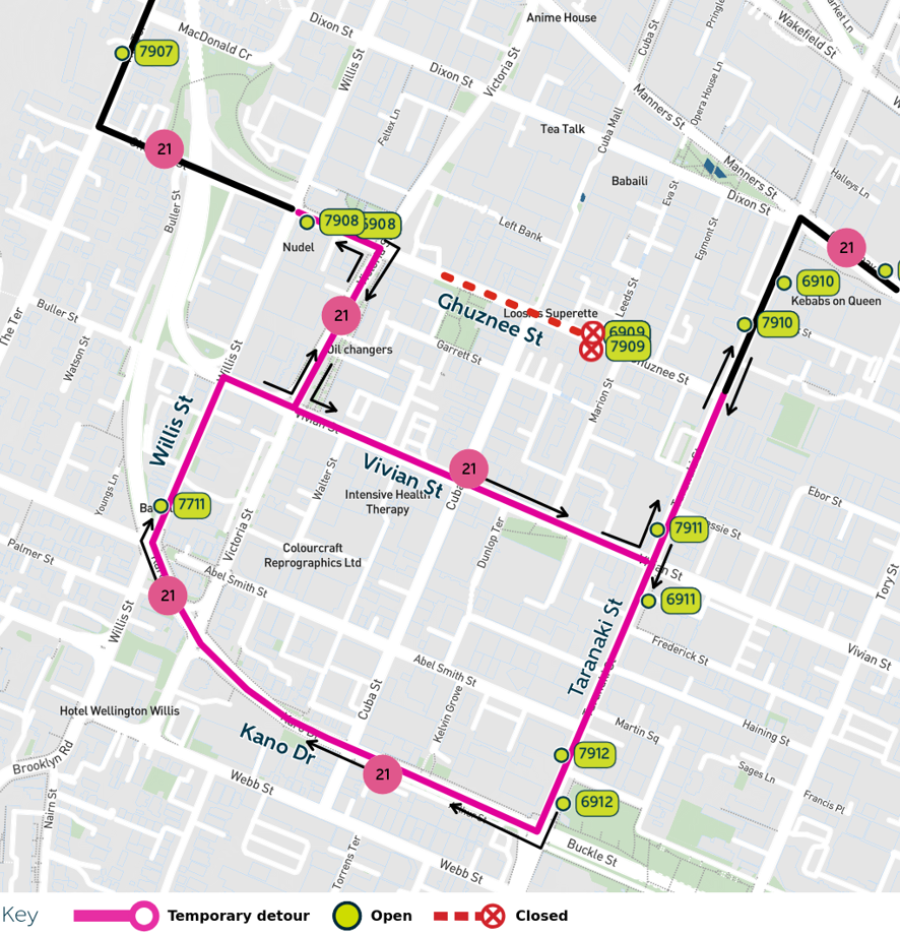 image shows detour and closed stops