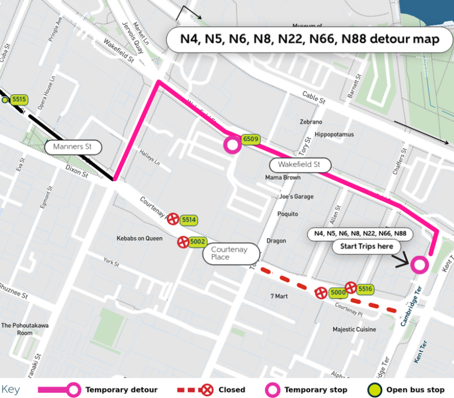 image shows detour, temporary and closed stops