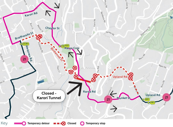 image shows detour and closed stops